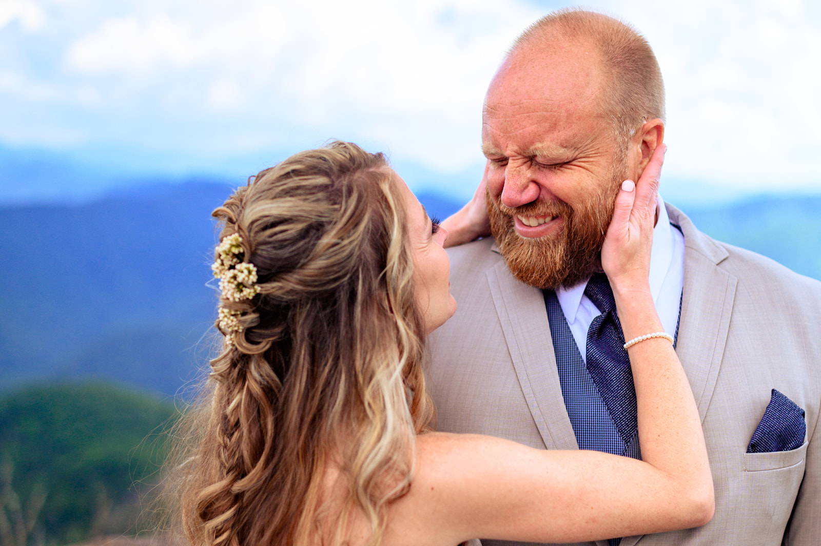 bride and groom share first look at wayah bald fire tower