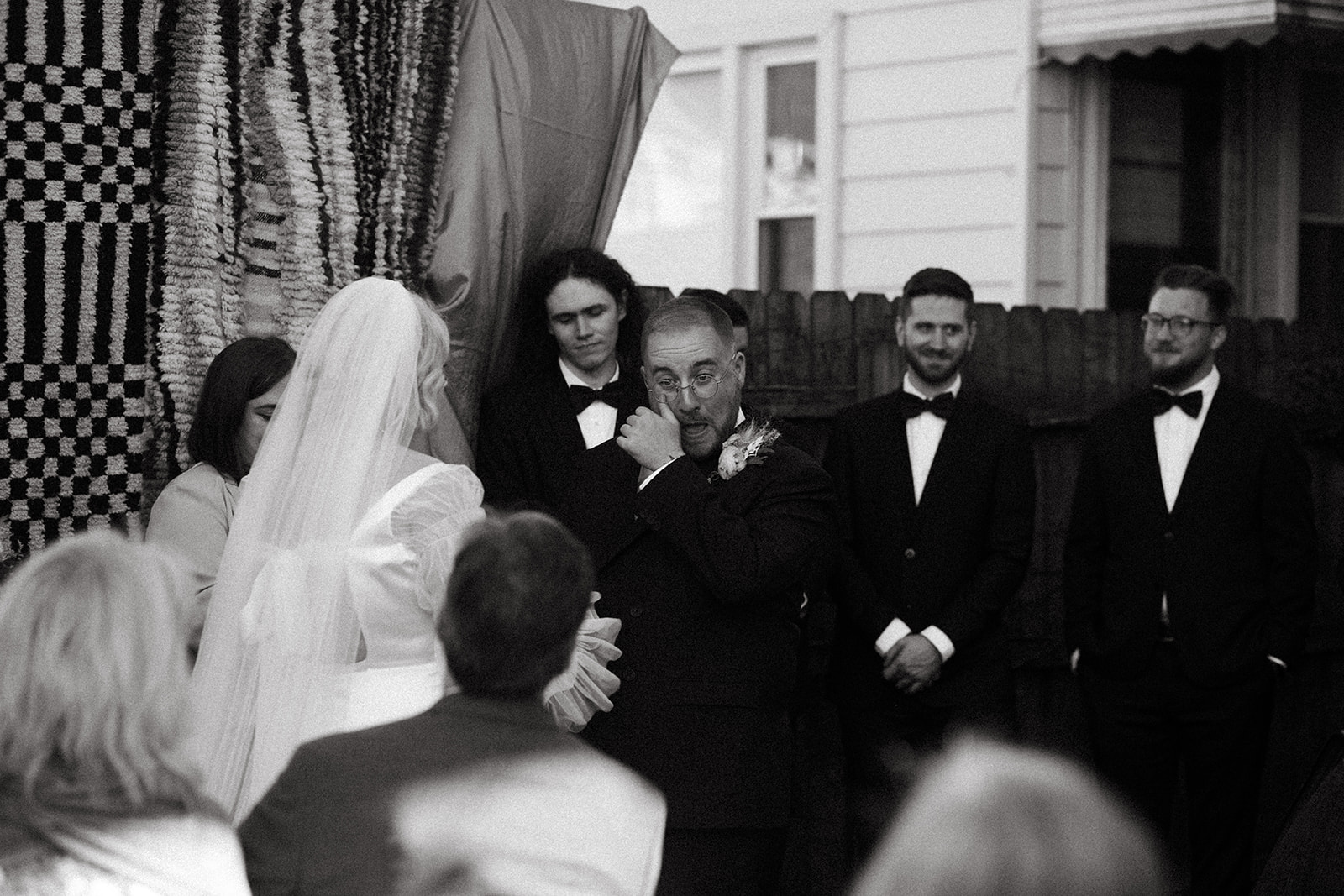 black and white crying wedding photo