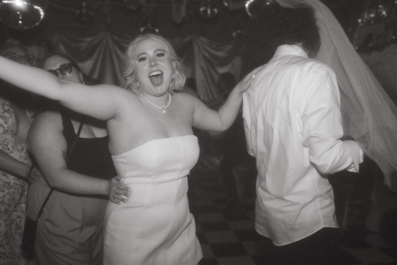 black and white disco wedding photo