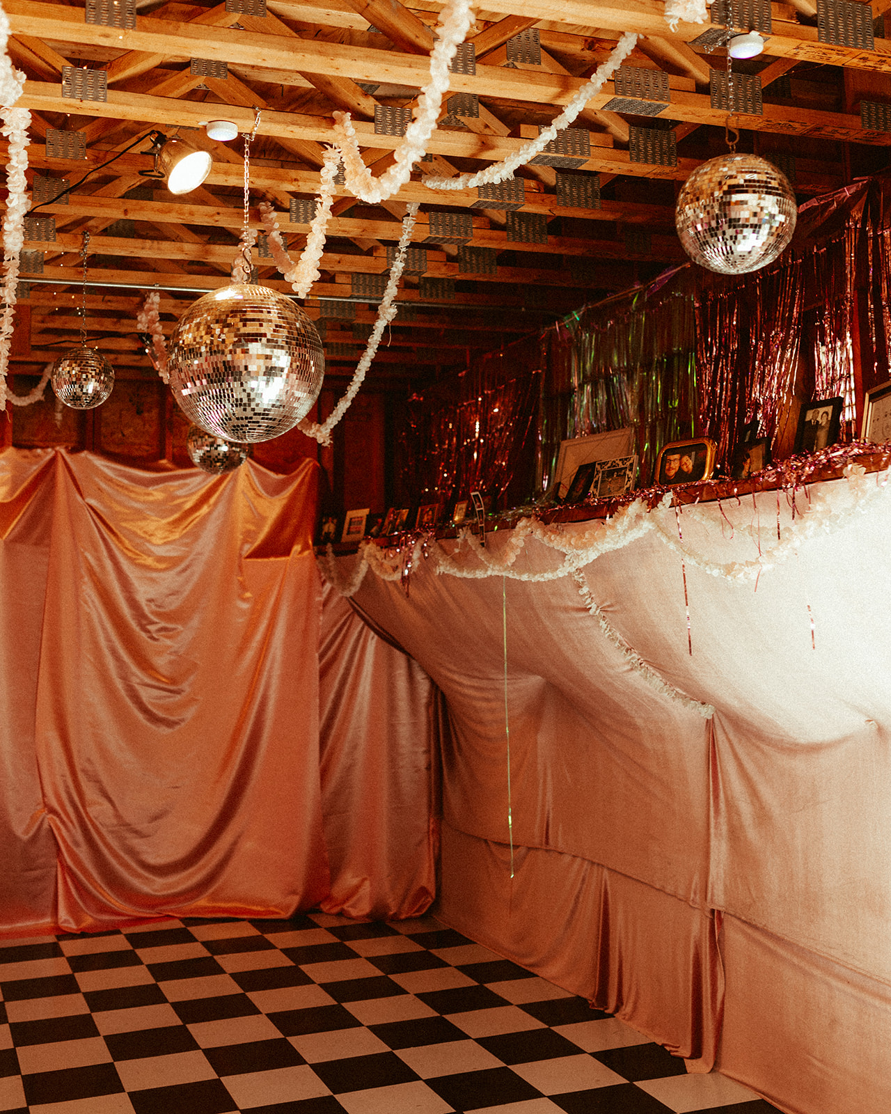 disco theme garage wedding decor