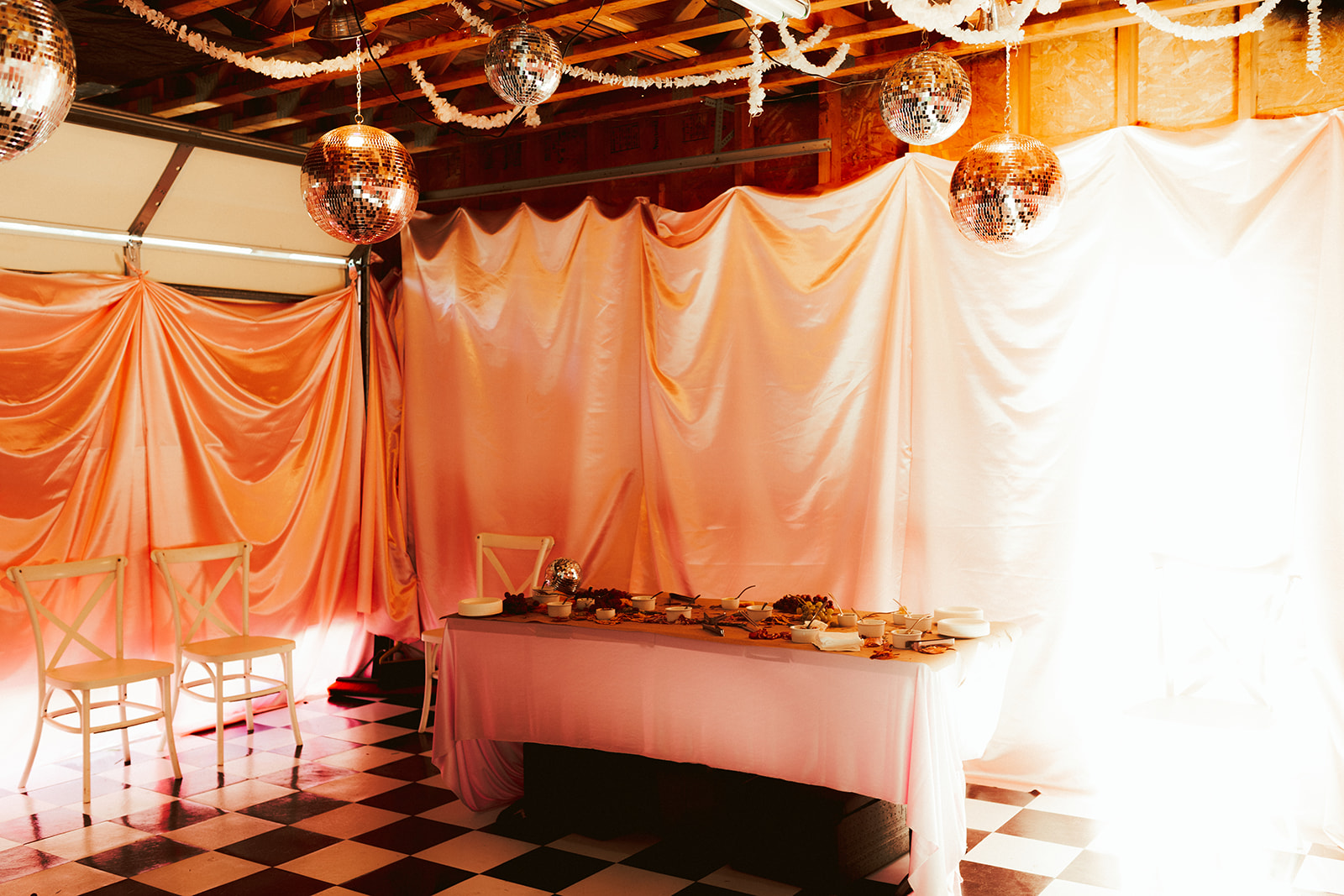 garage turned into a disco wedding decor