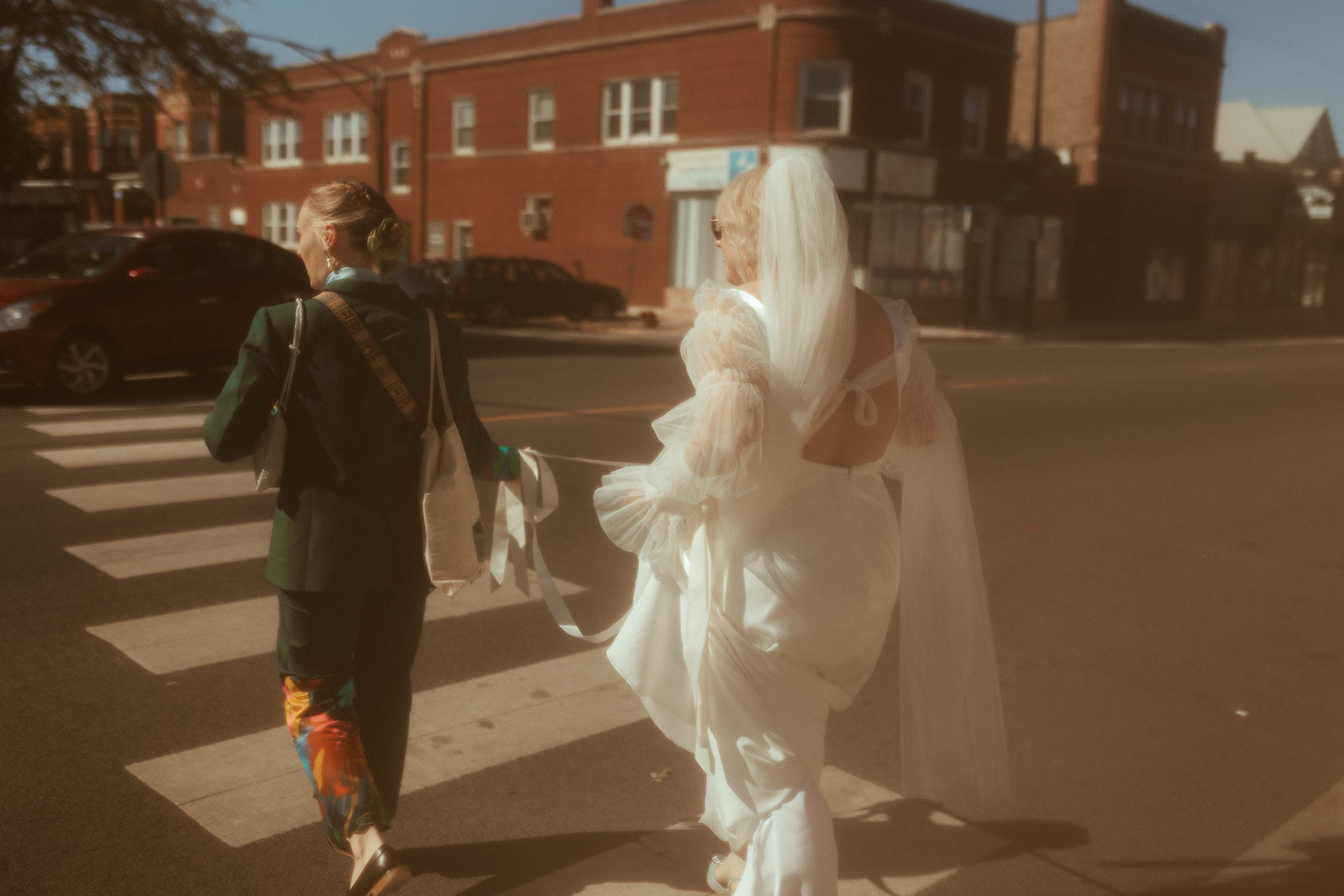retro bride walking downtown chicago wedding