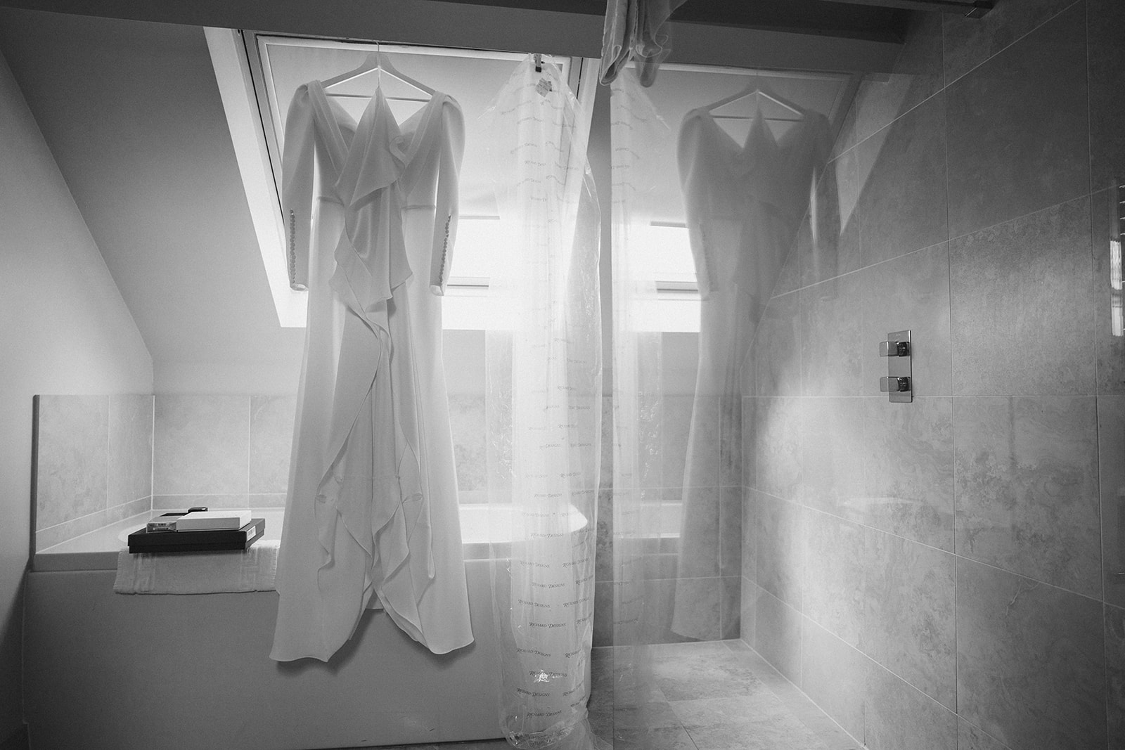 The Chequers Inn Wedding Photography - the brides dress hung up