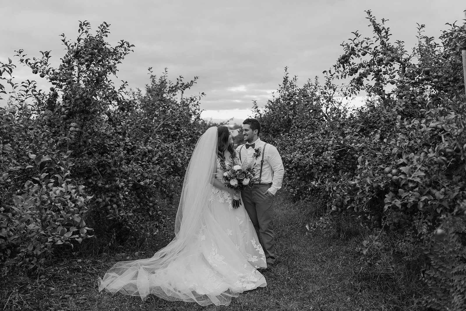 Bride and groom smile at each other between apple trees