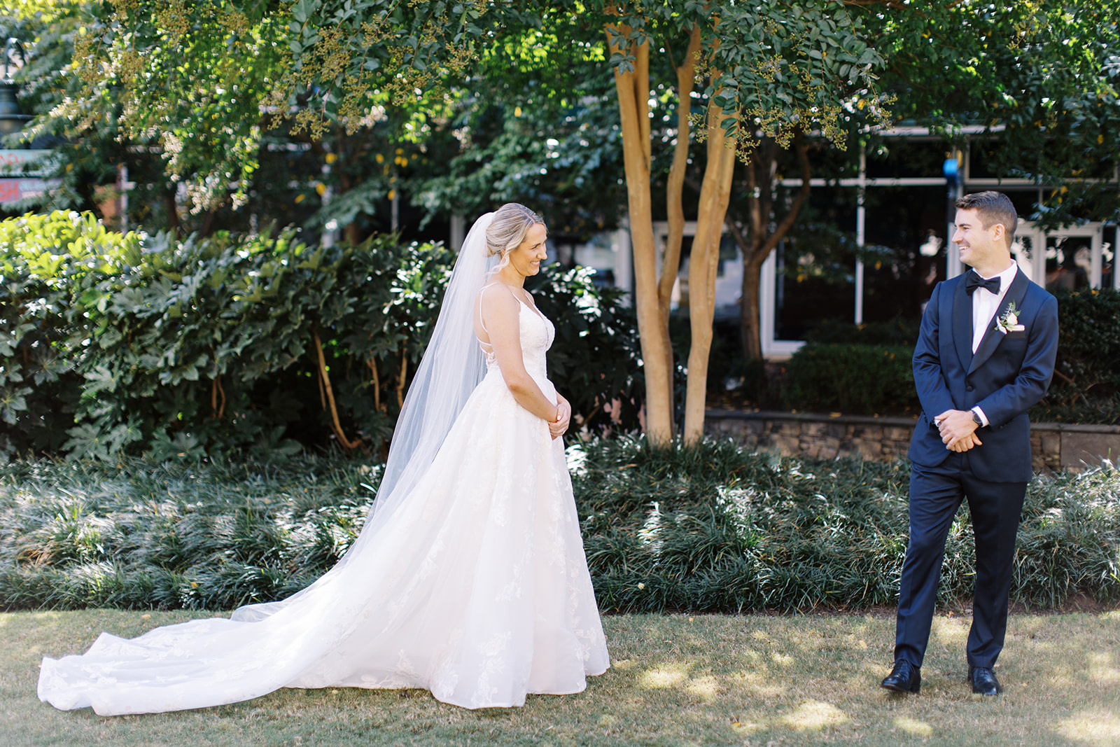 uptown charlotte first look with bride and groom on wedding day