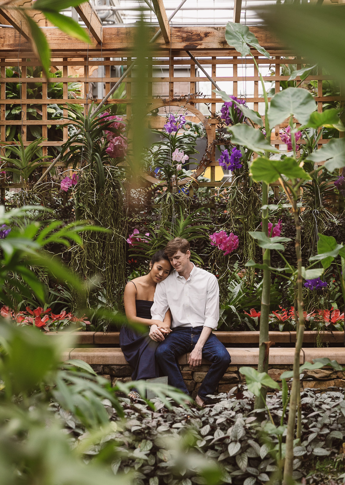 a couples engagement photos in tropical greenhouse atlanta
