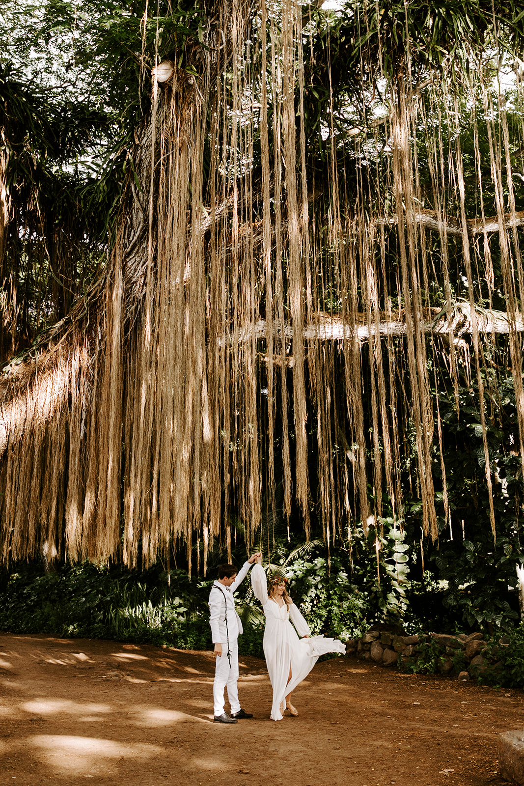 Maui elopement photographer captures wedding couple under a Hawaii banyan tree 