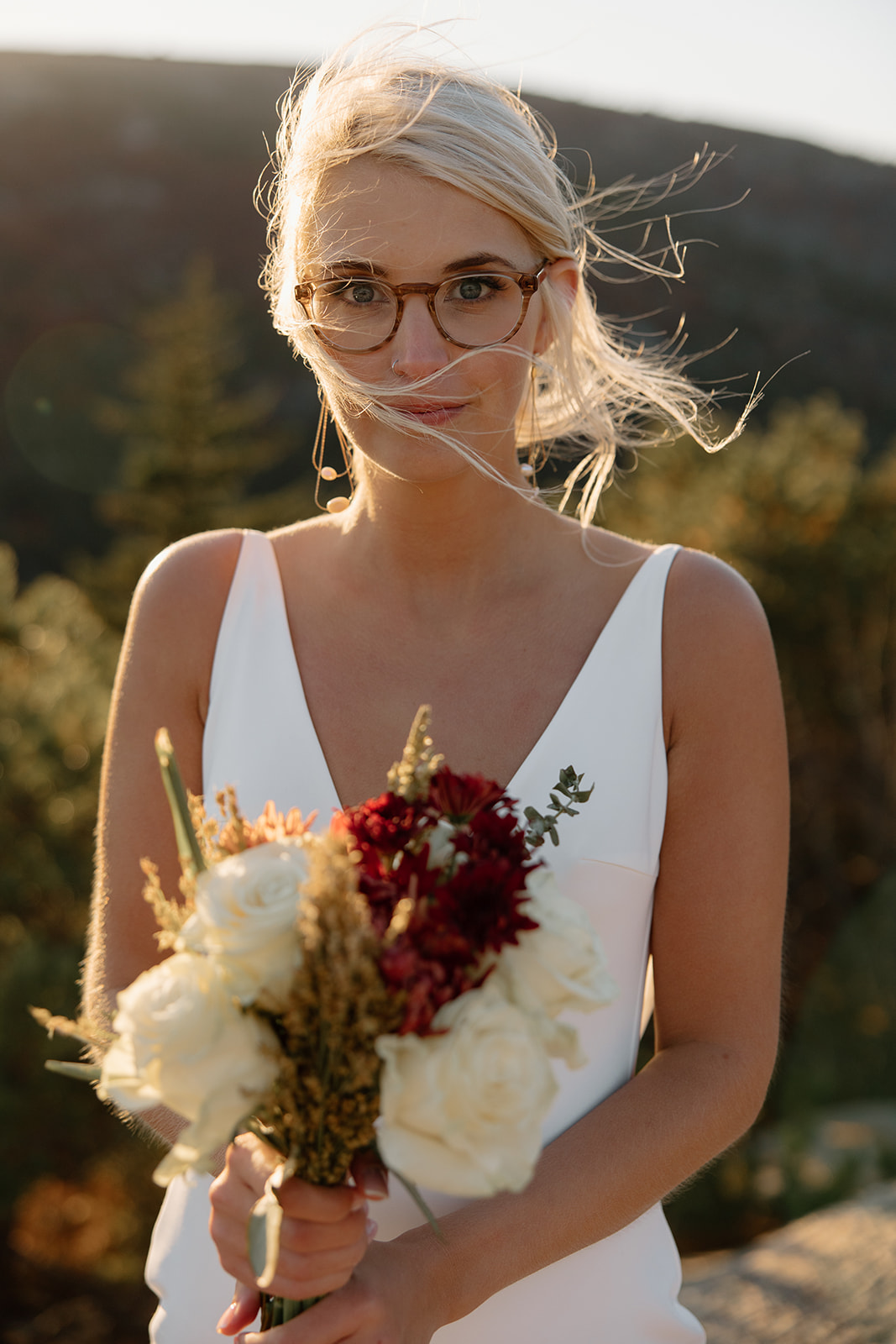 Bubble rock elopement and vows in the Fall. Acadia national park elopement and microwedding. Bride portrait.