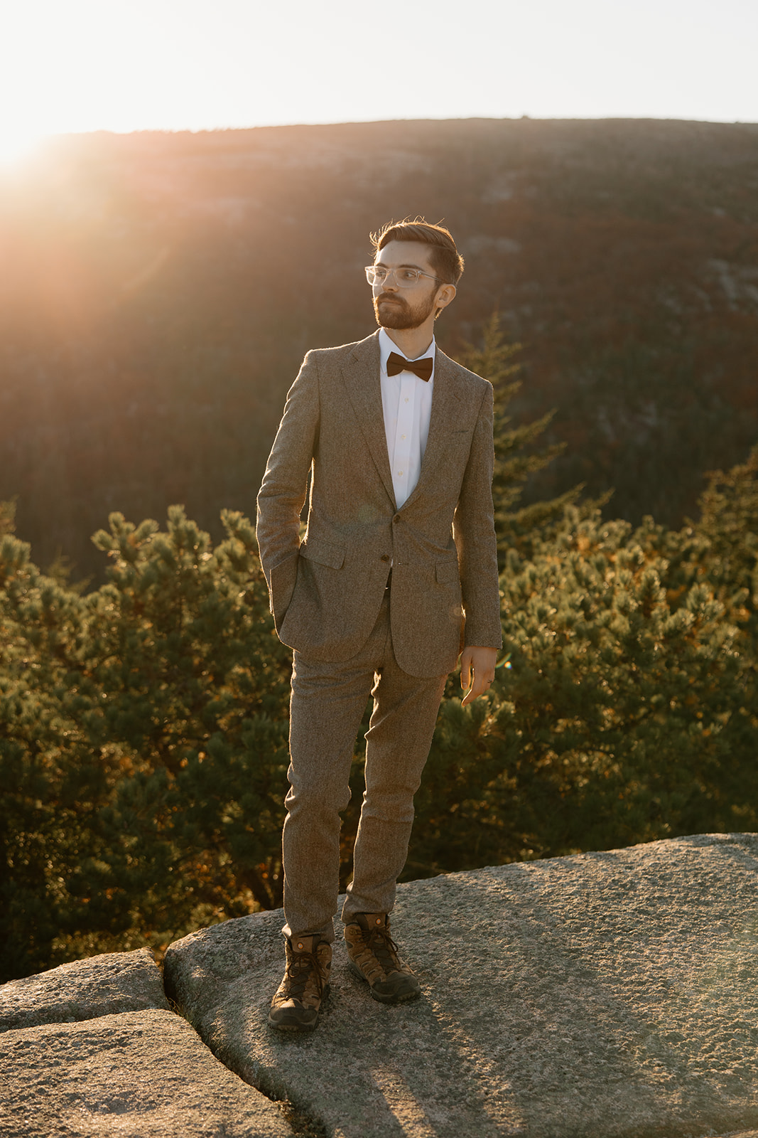 Bubble rock elopement and vows in the Fall. Acadia national park elopement and microwedding. Groom portrait.