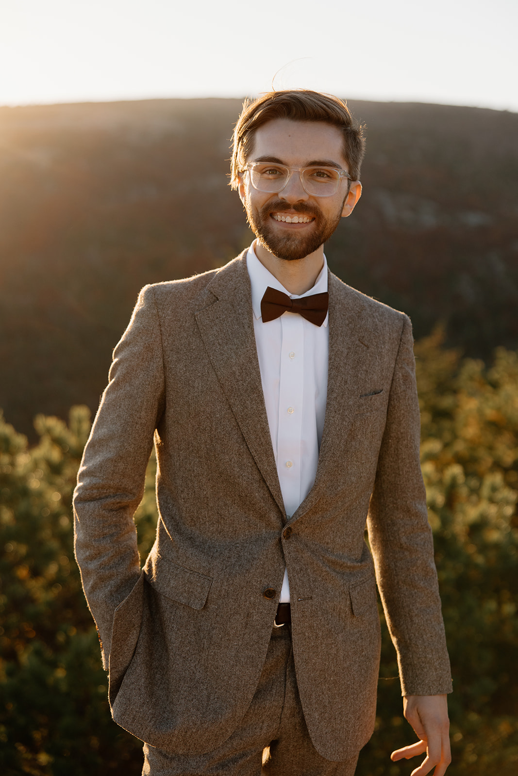 Bubble rock elopement and vows in the Fall. Acadia national park elopement and microwedding. Groom 
portrait.