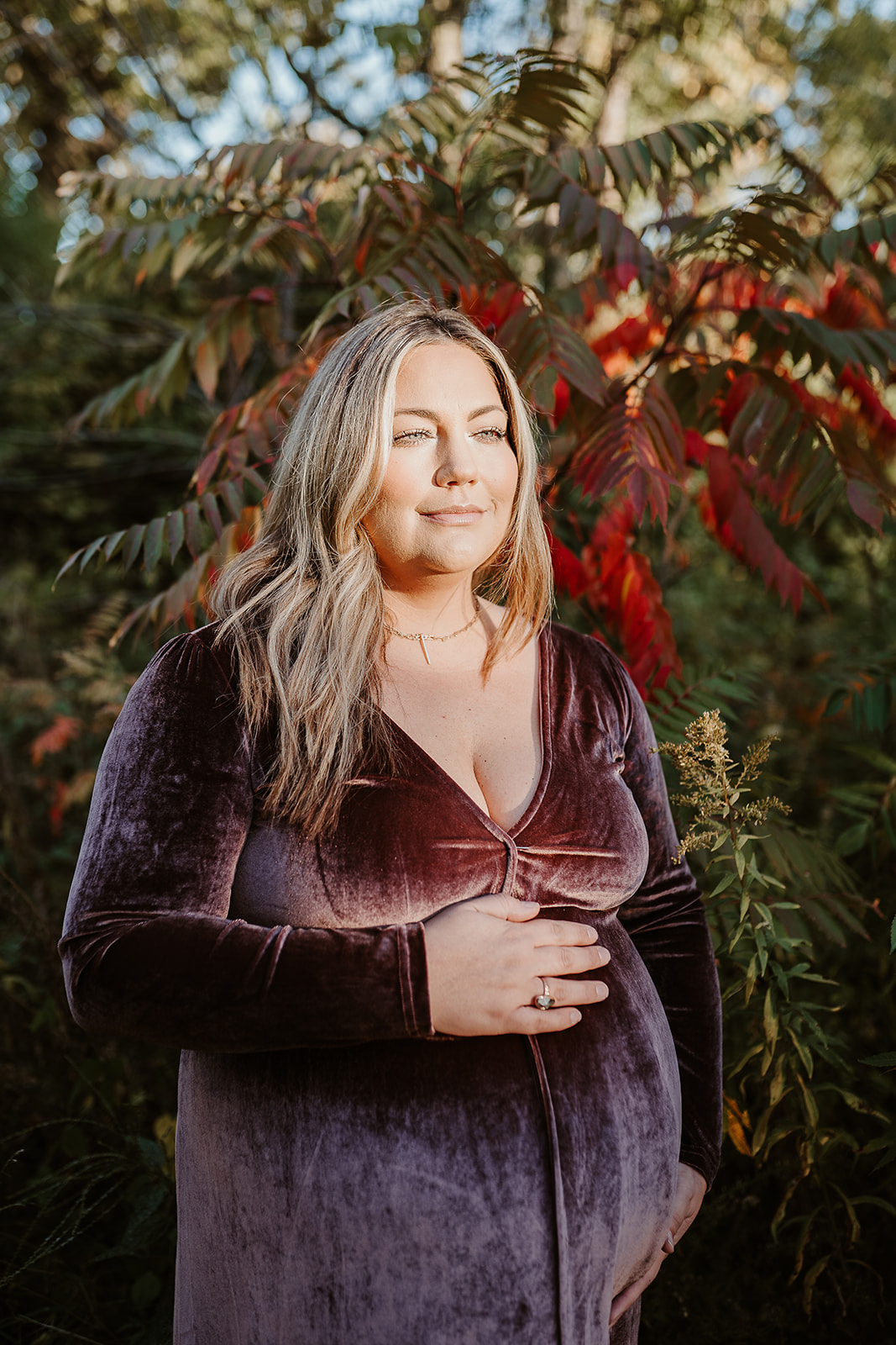 Pregnant woman in a purple velvet dress holds her belly as she stands among the wild sumac in Fall