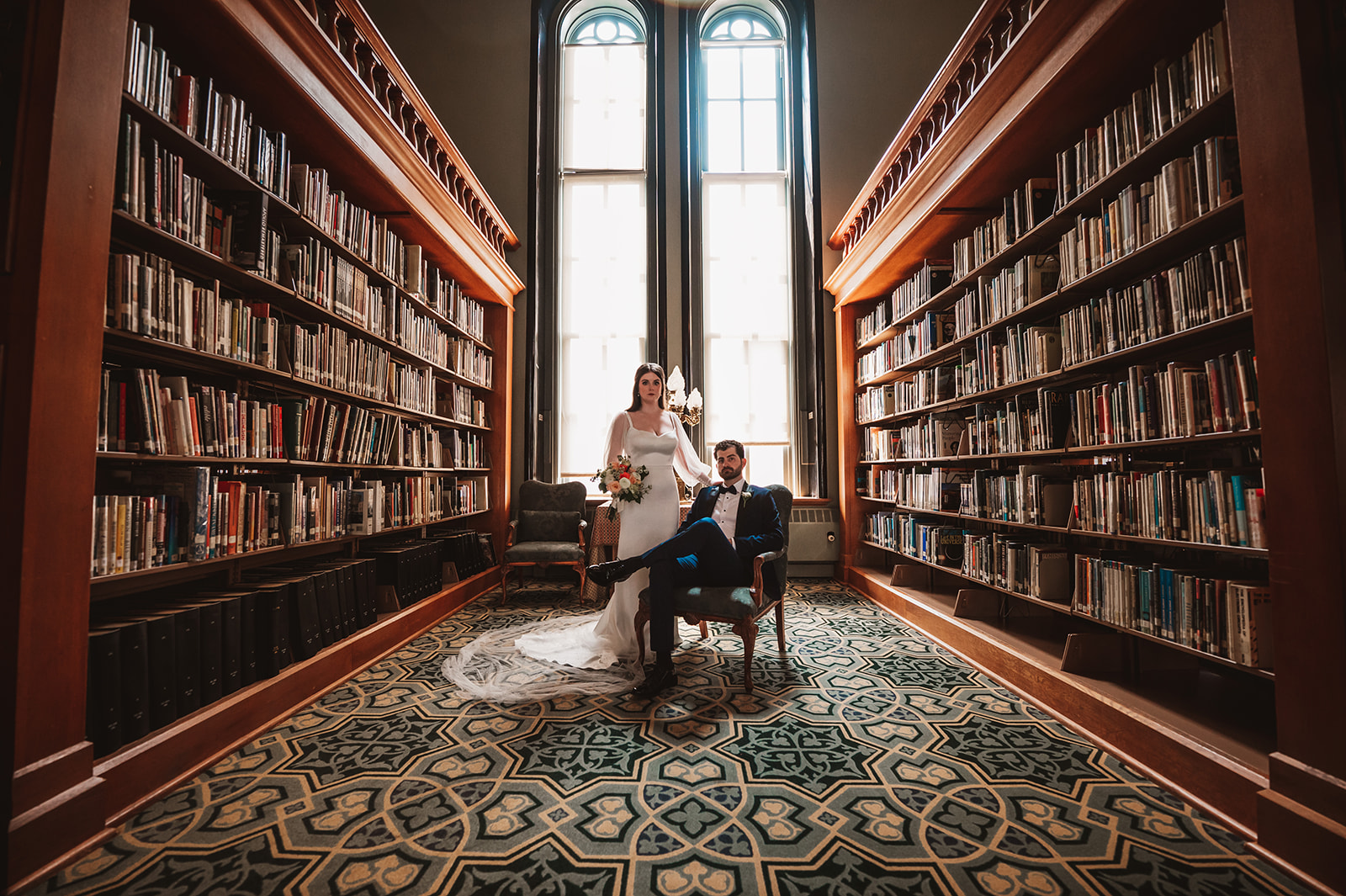 St Ignatius Chicago Wedding Photographer, bride and groom in the library