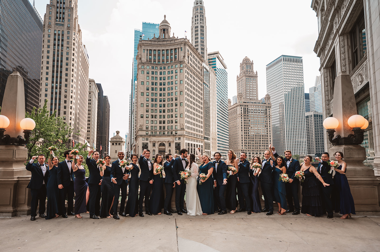 Wedding party at the Wrigley building in Chicago
