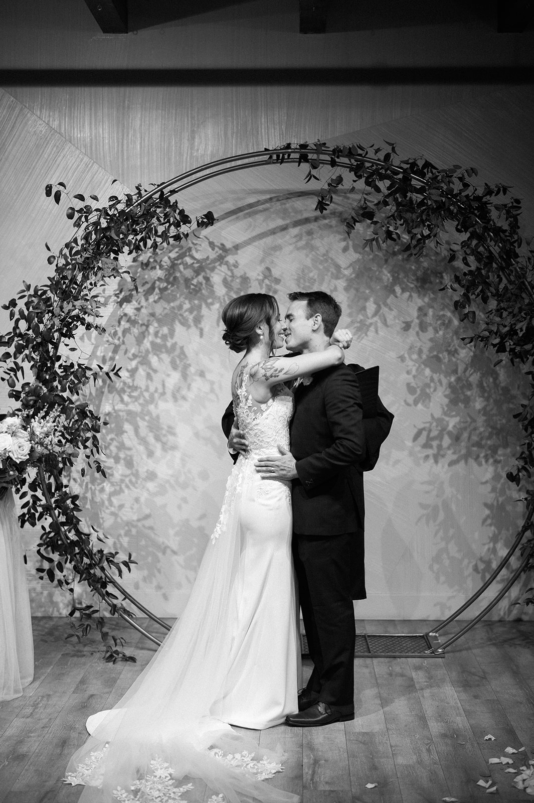 Bride and groom first kiss at Walden Chicago