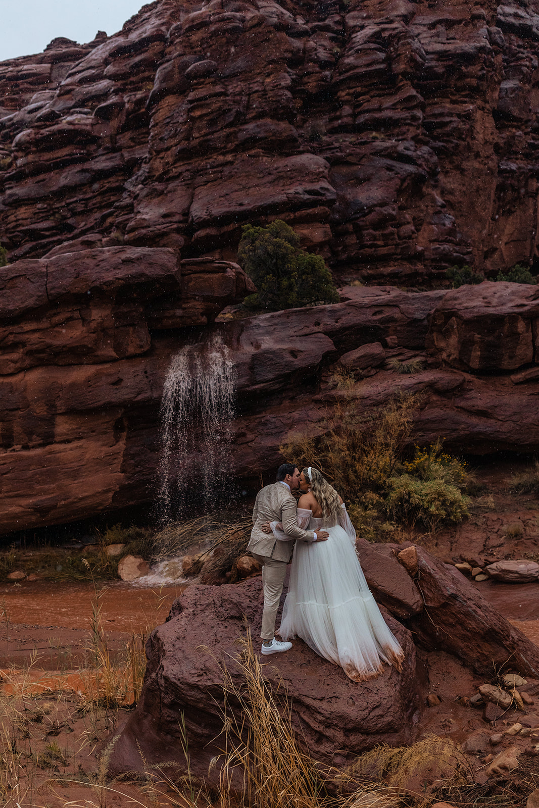 moab elopement couple with their dogs
