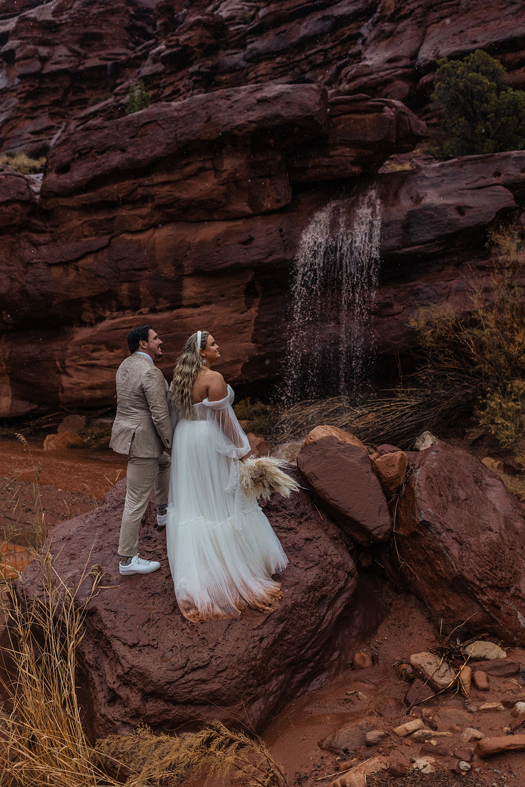 moab elopement couple with their dogs