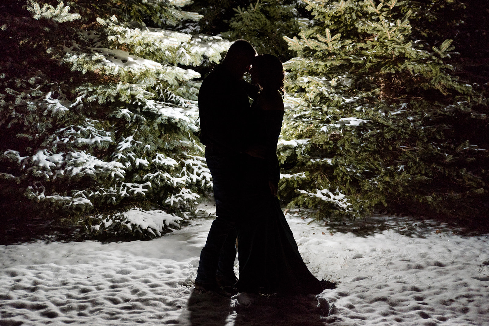 snowy night silhouette of married couple