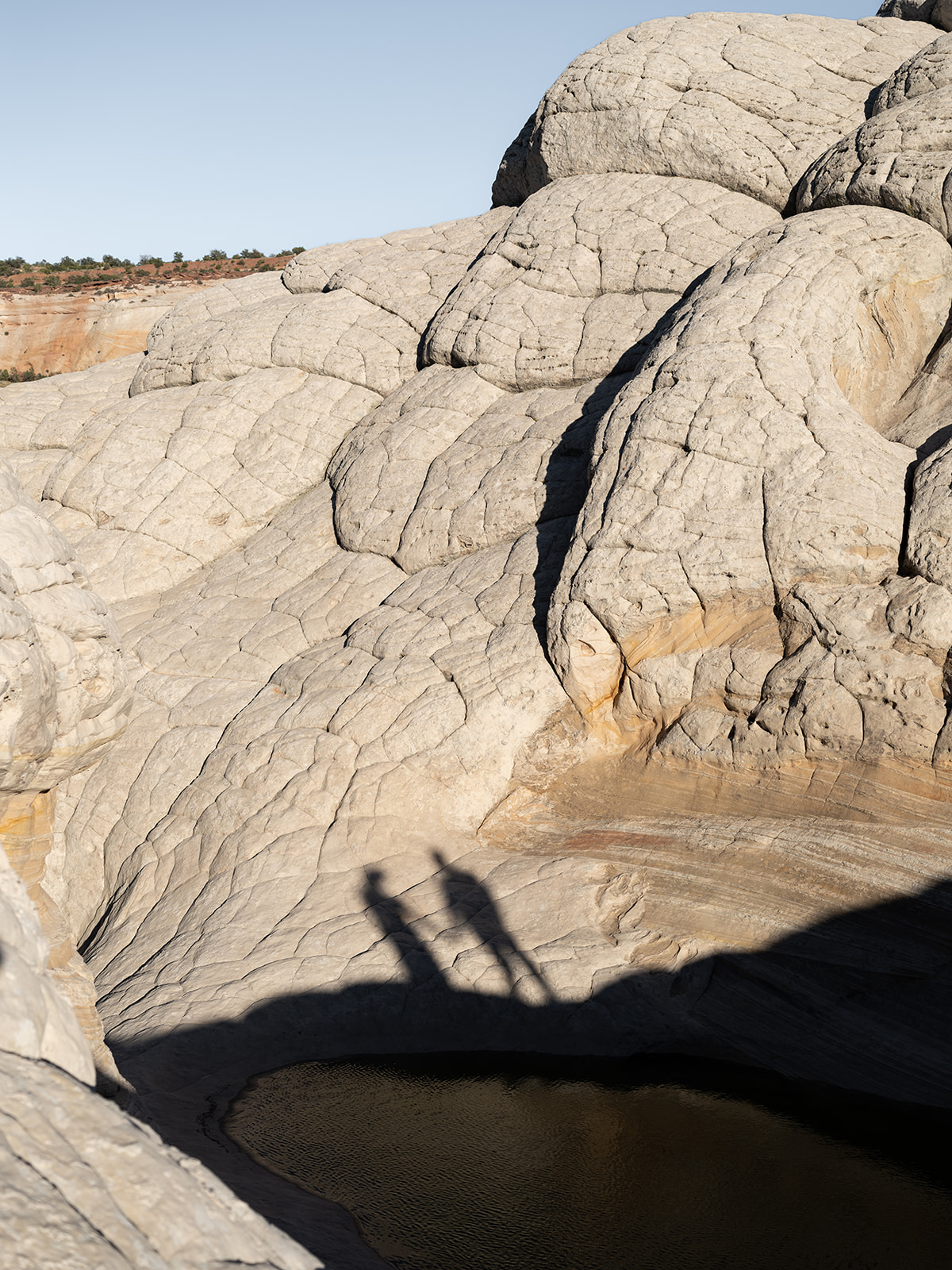 Shadows of the bride and groom cast on sandstone at White pocket Arizona during their Elopement