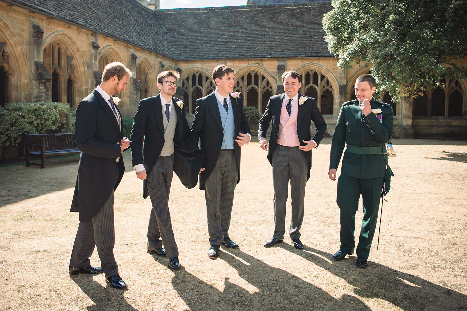 Candid portrait of Damien and the groom's men at the New College Chapel