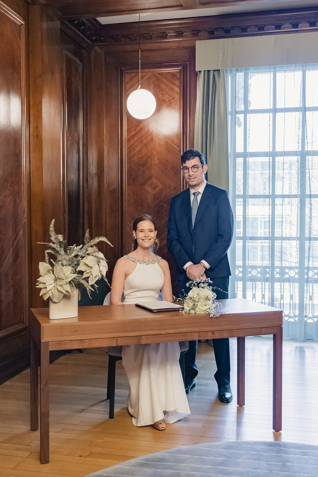 Kinga and Jean-Marc during the wedding ceremony in the Marylebone Room at The Old Marylebone Town Hall