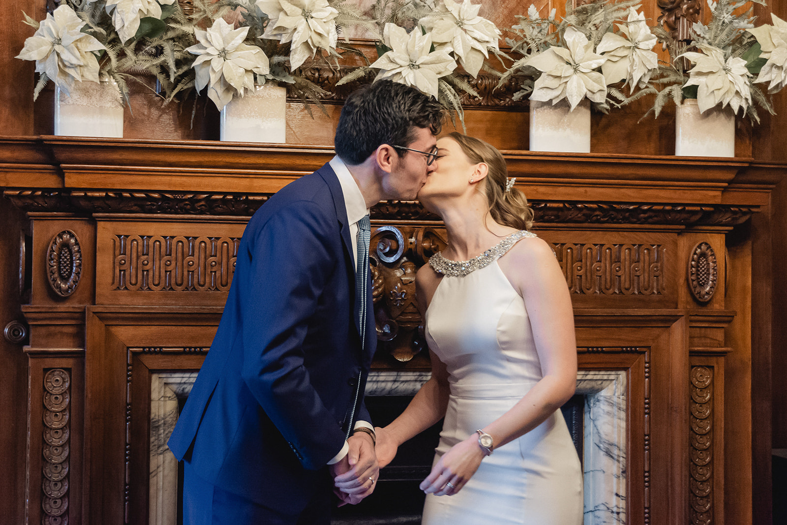 Kinga and Jean-Marc share kiss during the wedding ceremony in the Marylebone Room at The Old Marylebone Town Hall
