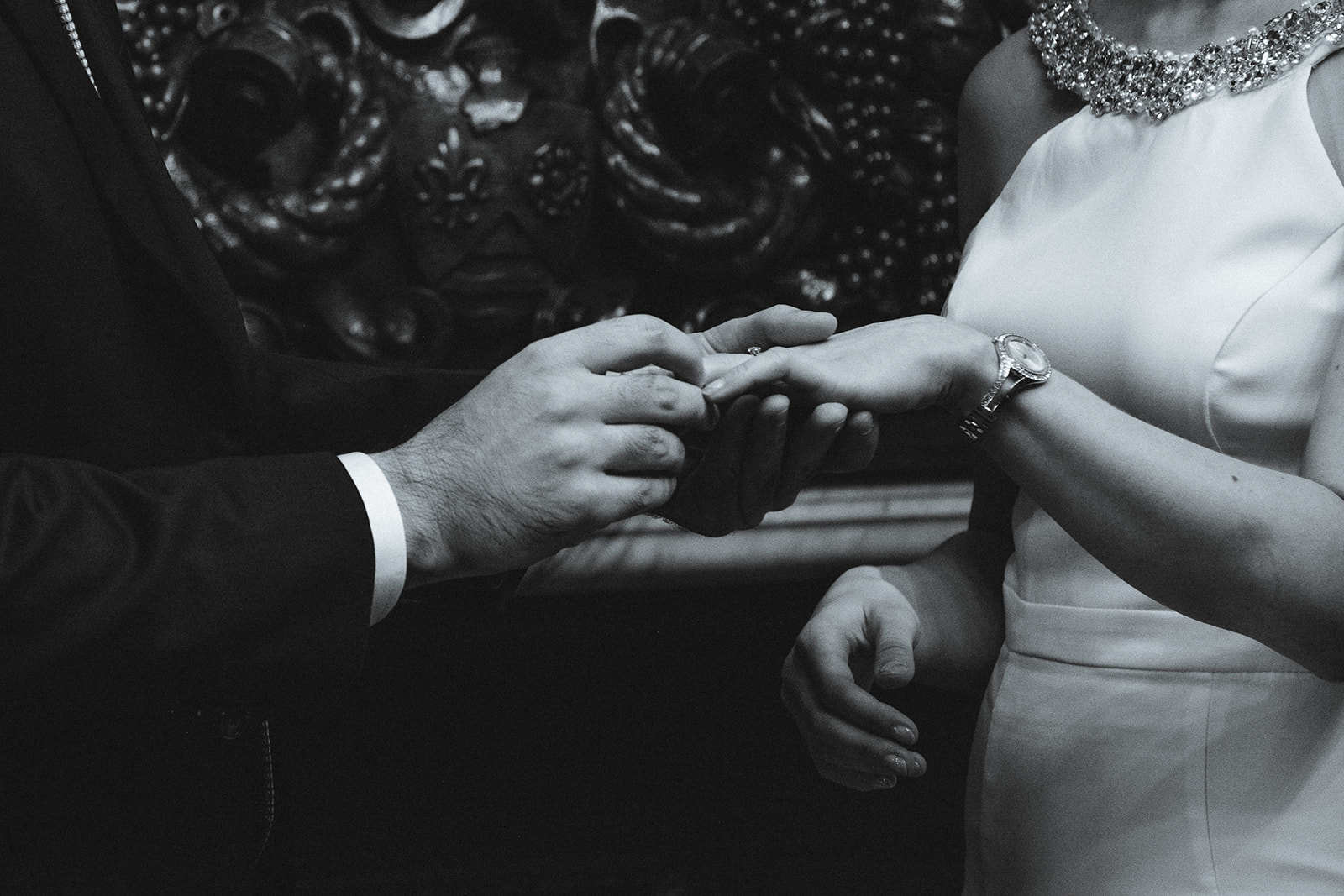 Kinga and Jean-Marc's ring exchange during the wedding ceremony in the Marylebone Room at The Old Marylebone Town Hall
