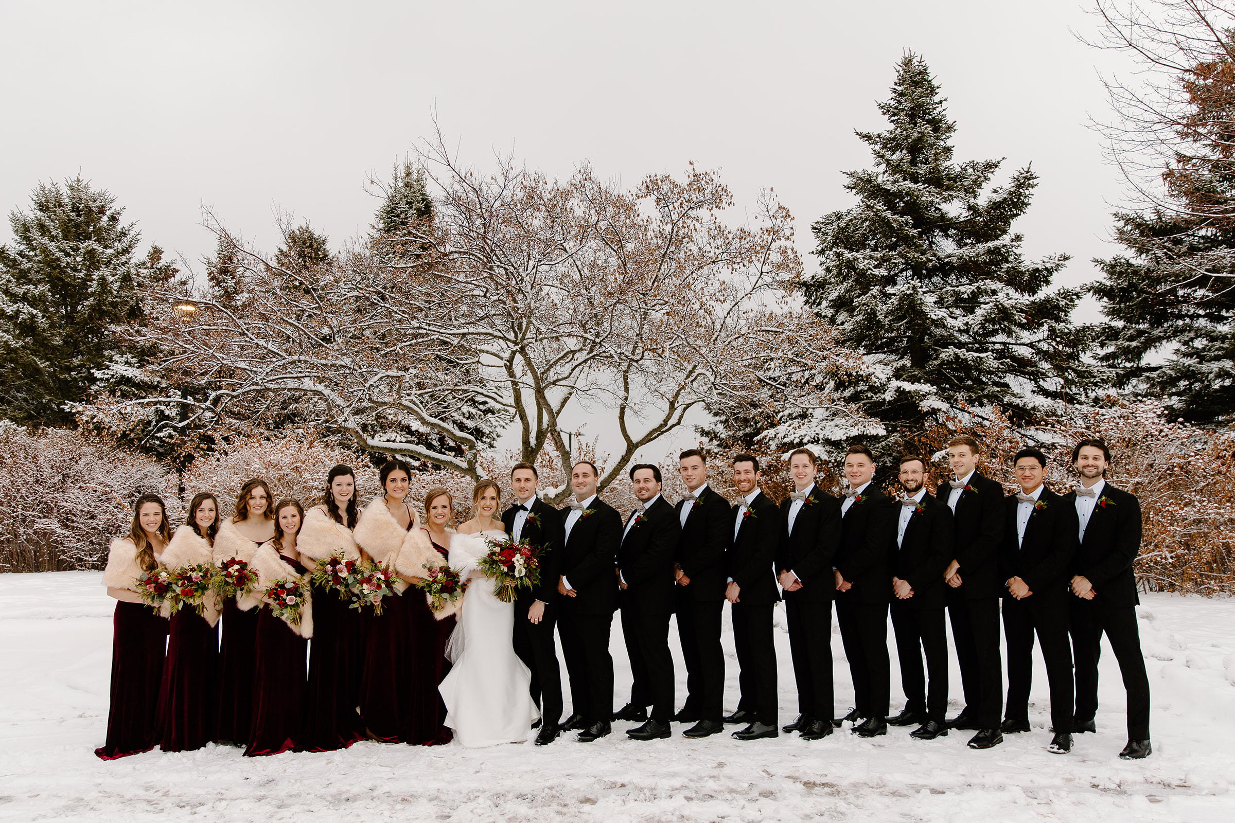 wedding party standing outside in the snow