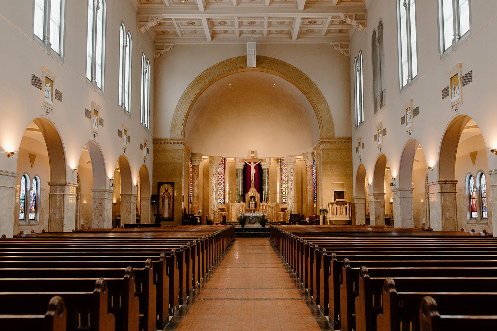Inside of a large Catholic Church