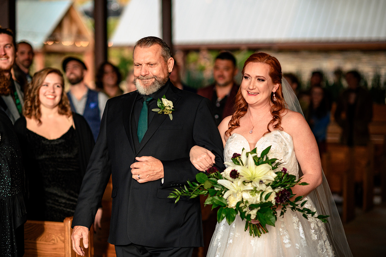 Bride and father, entering wedding ceremony at Parker Mill