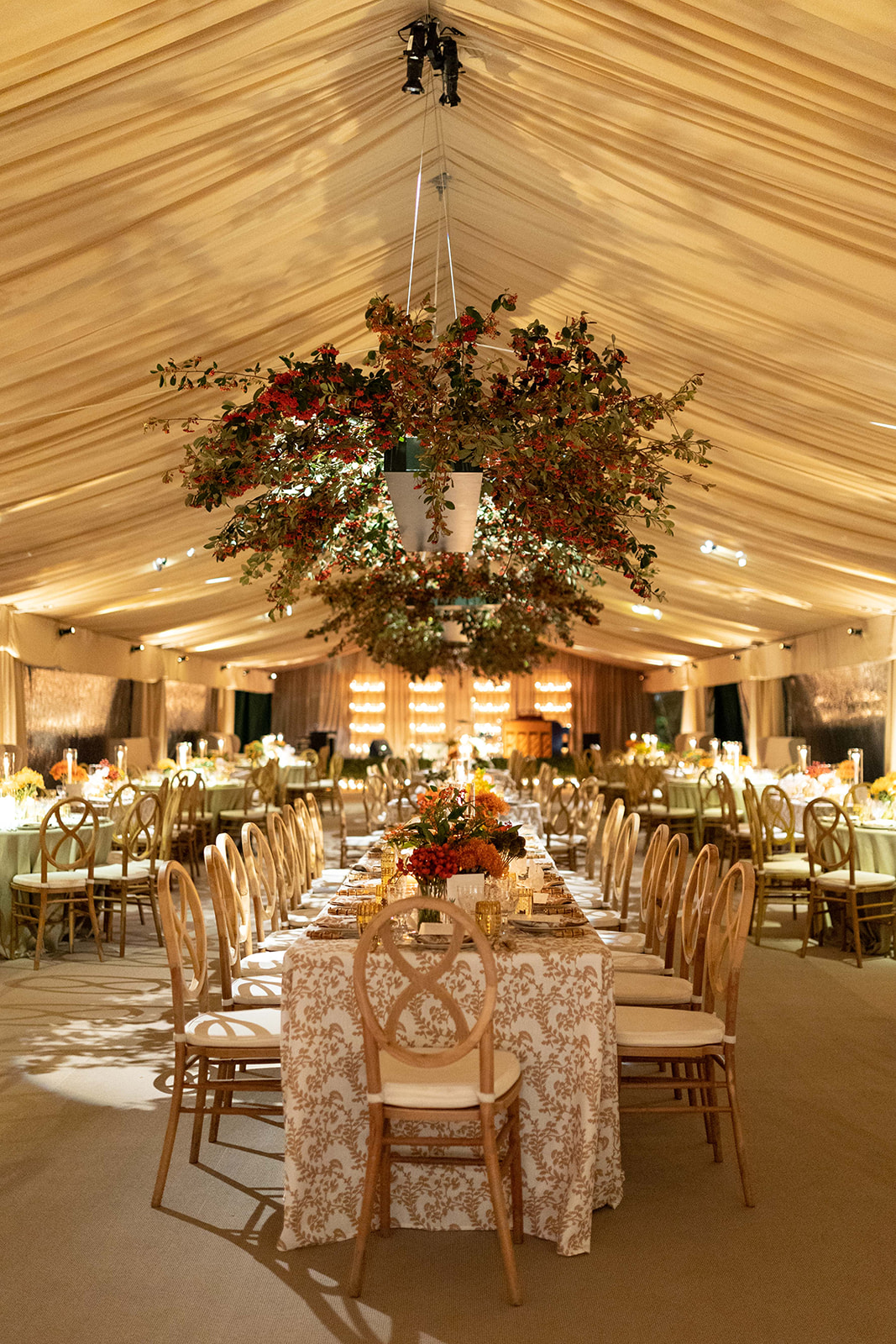Interior of tent at fall Nashville engagement party planned by Page and Windrow