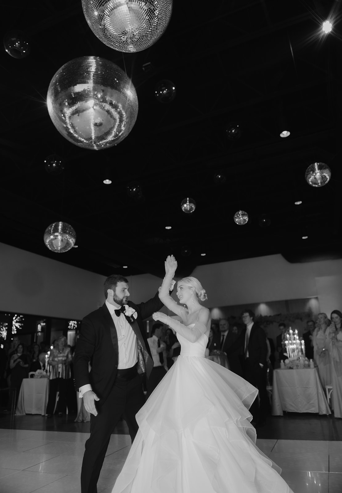 A New Year's Eve wedding with a disco ball installation.