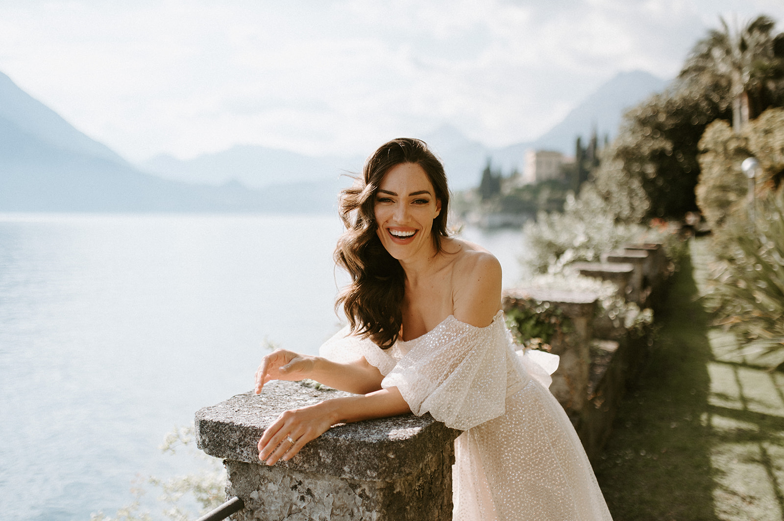 a bride smiling at villa monastero lake Como italy