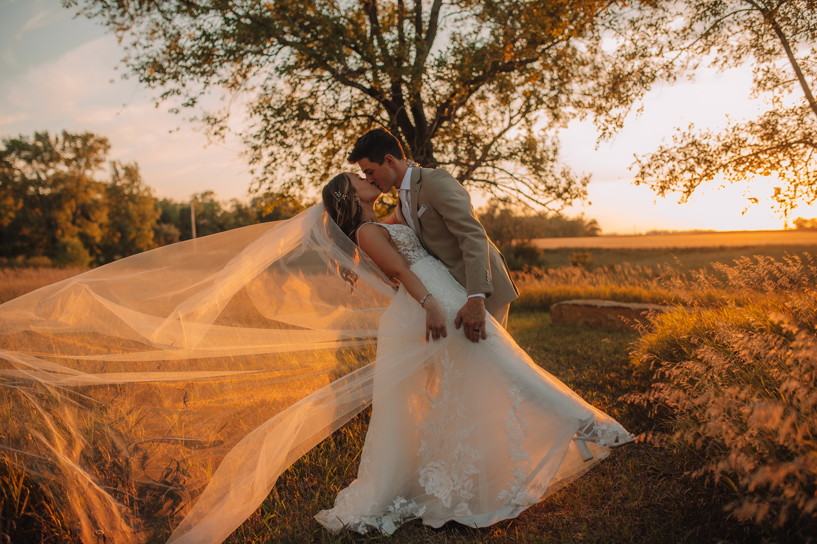 North Dakota Bride and Groom Sunset Portraits at Lone Oak Farm wedding venue
