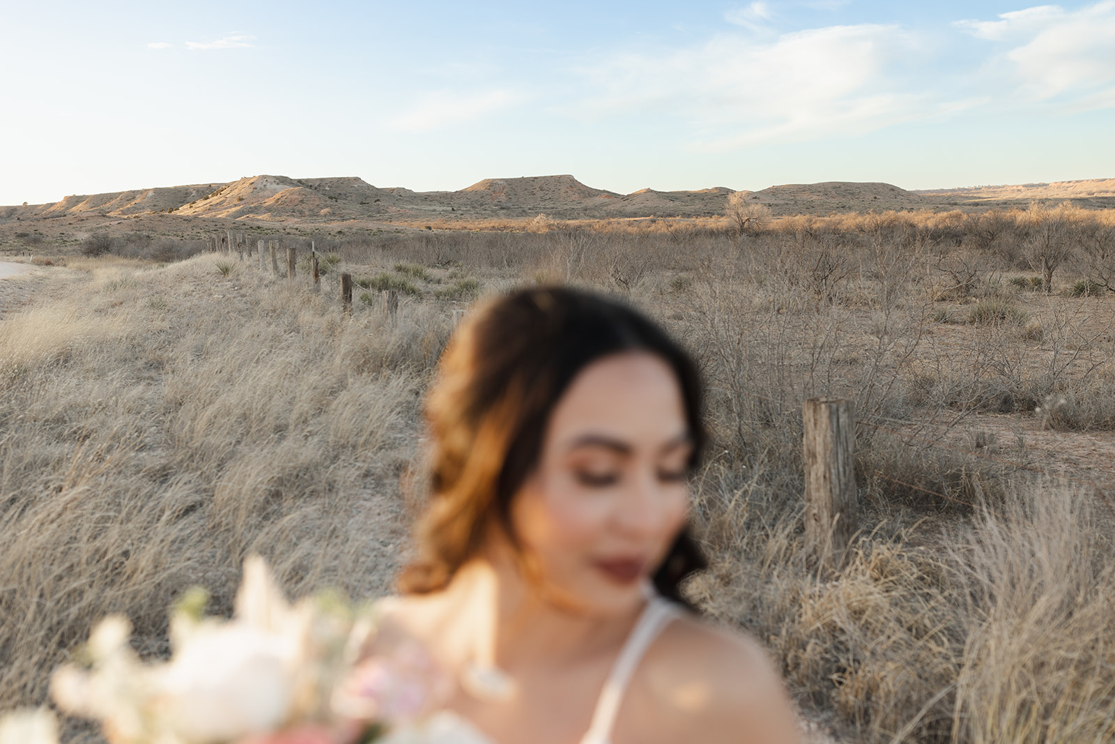 focus on canyons of west texas with bride out of focus in foreground