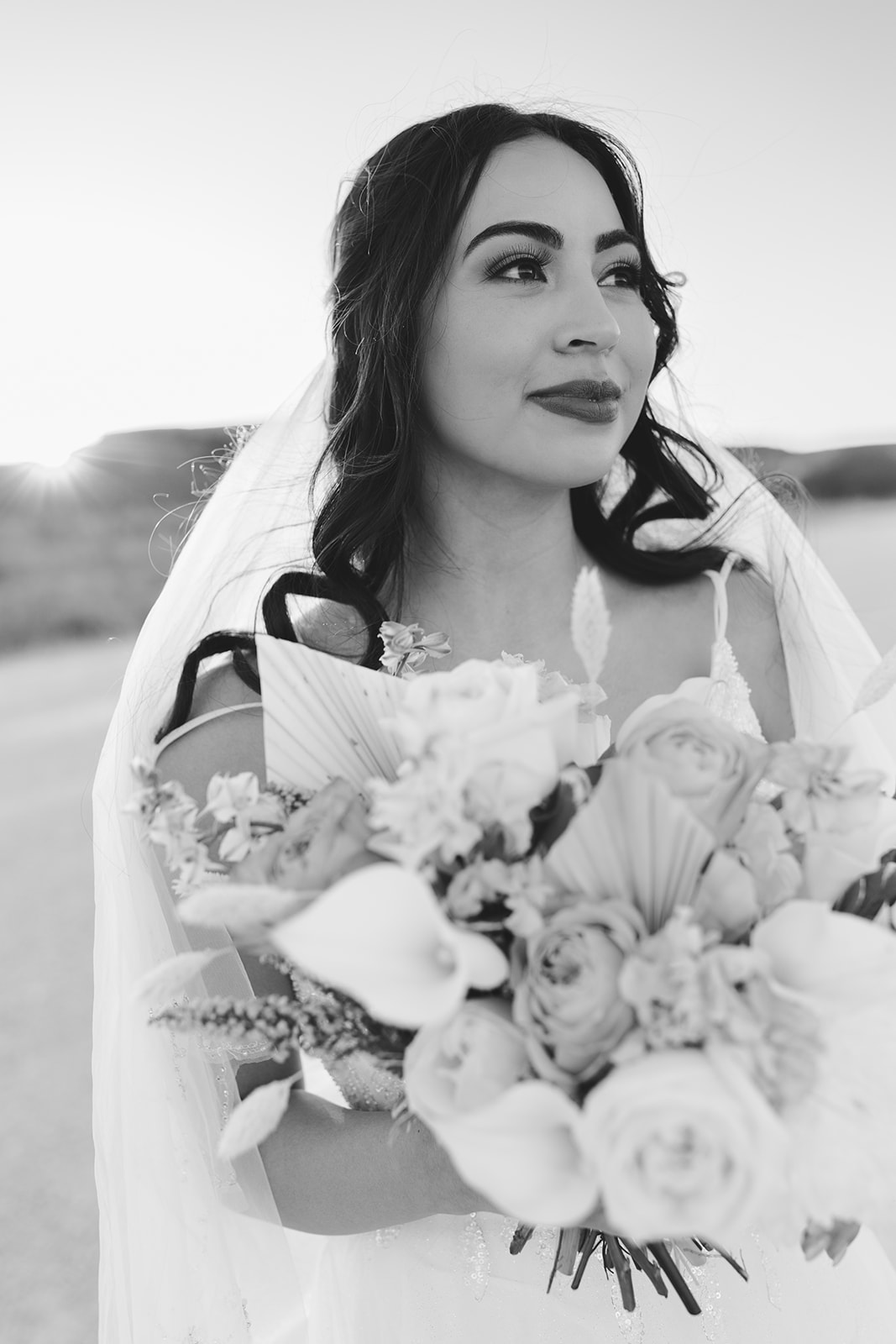 black and white portraits of Bride on a dirt road in west texas