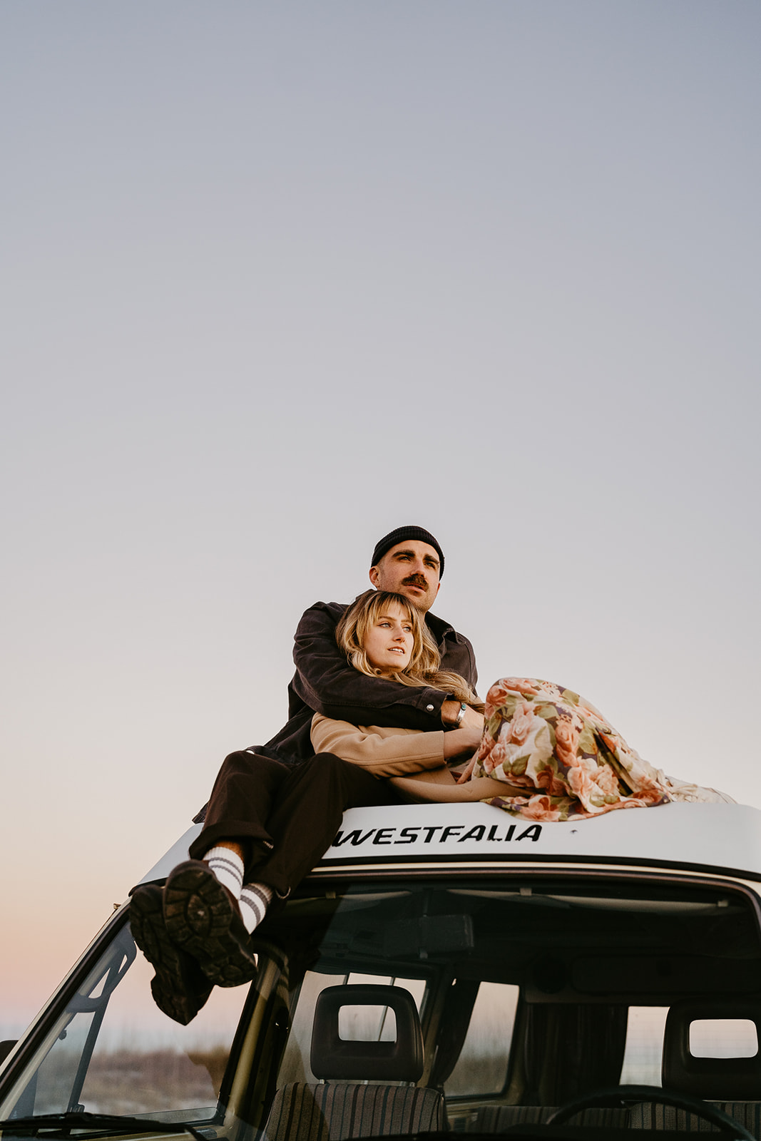 Effortless, adventurous couples session with a vintage VW van in Pensacola Beach, Florida. 