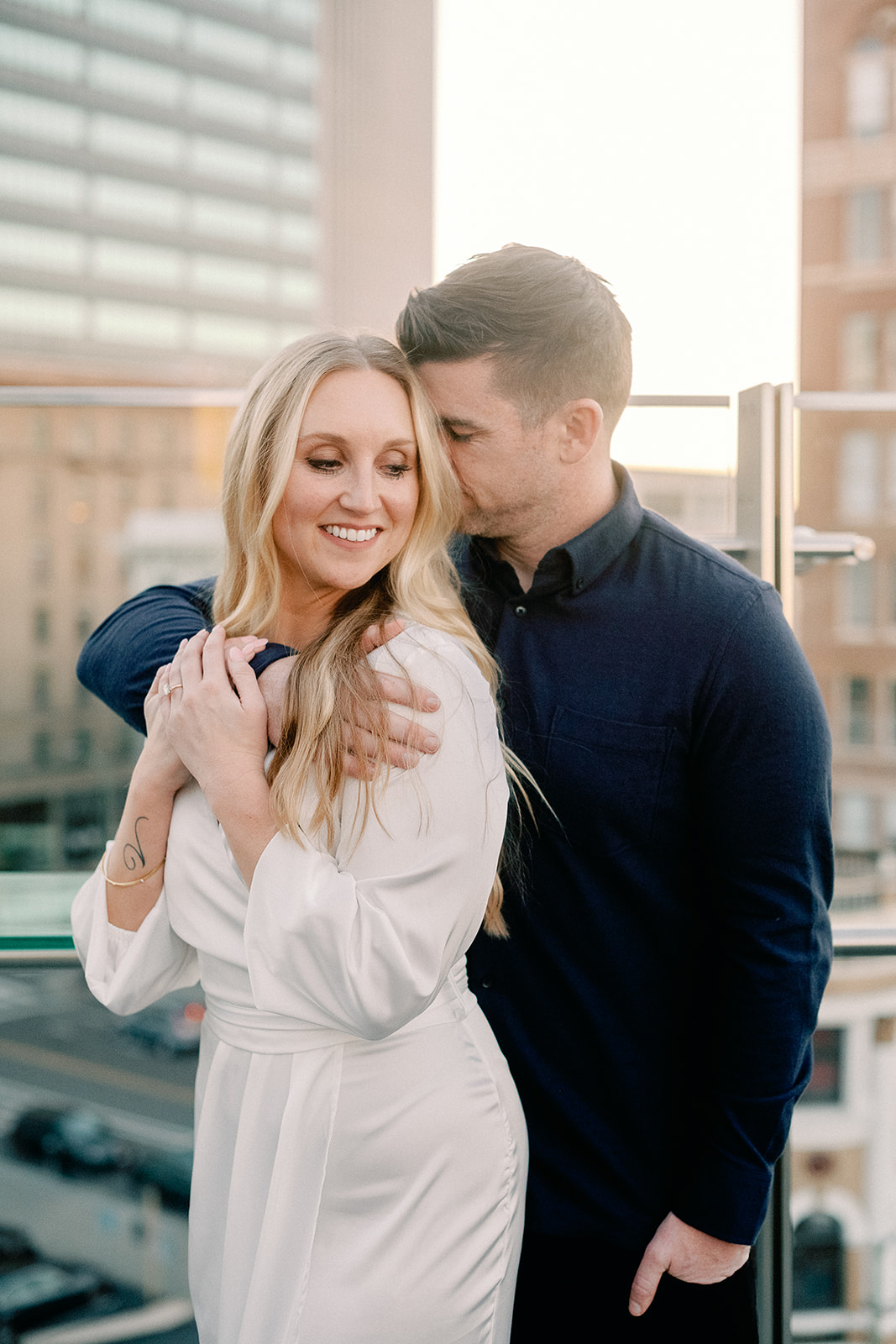 Rooftop Bar Engagement Session in Oakland California during sunset golden hour. High End Luxury Wedding Photographer. 