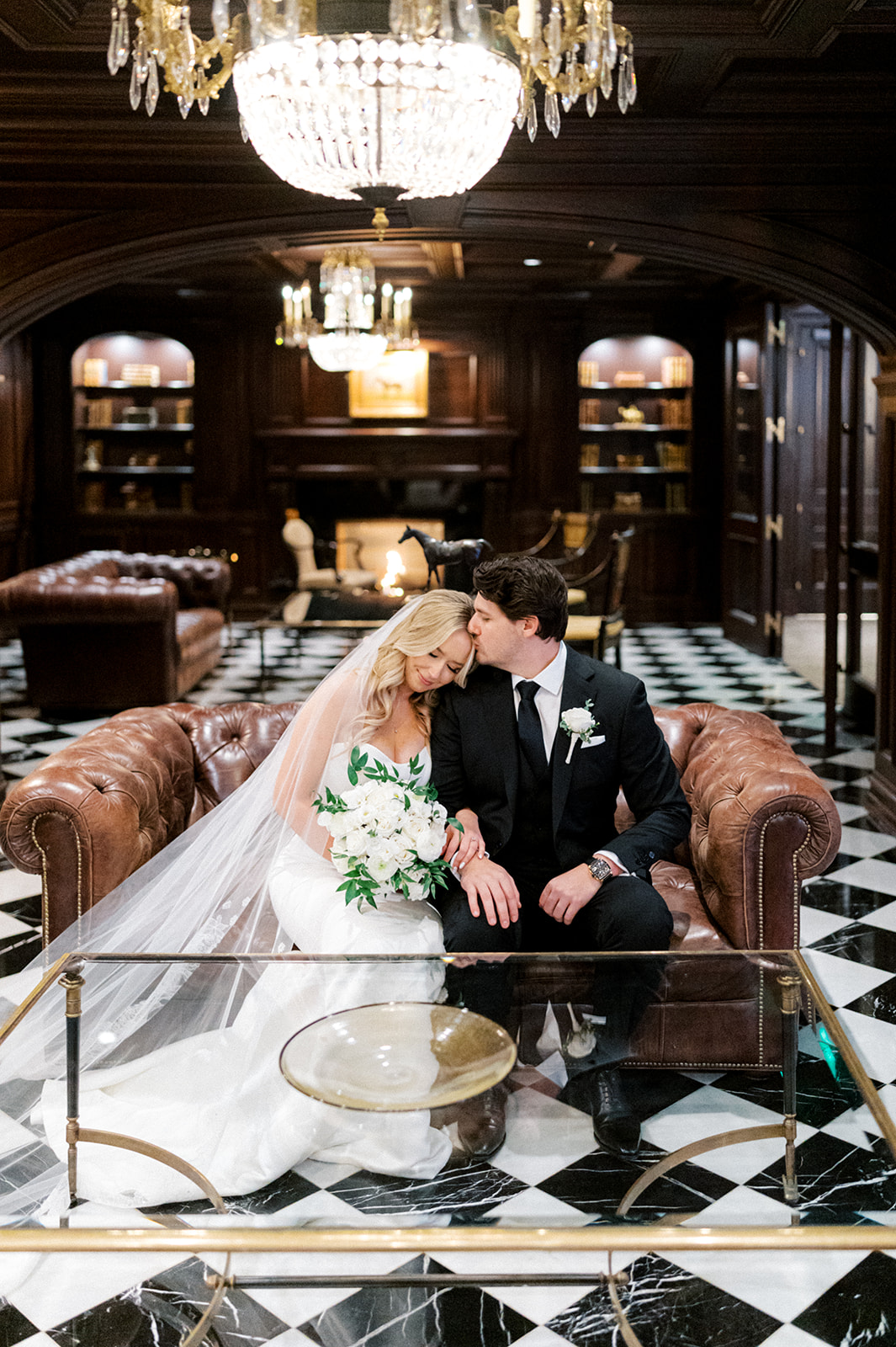 Bride and groom photos at Park Chateau wedding library