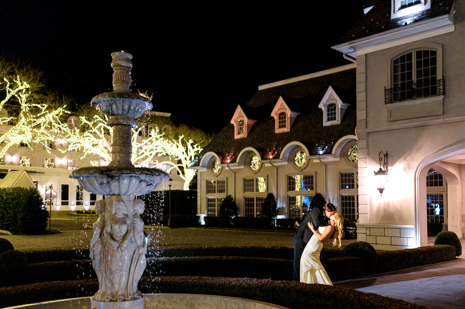 Night photo of bride and groom at Park Chateau wedding