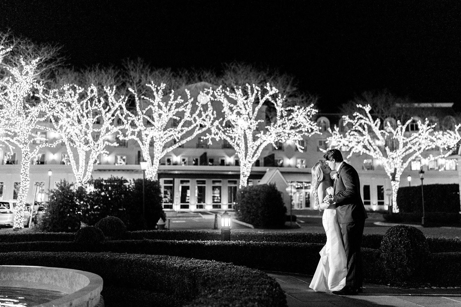 Night photo of bride and groom at Park Chateau wedding