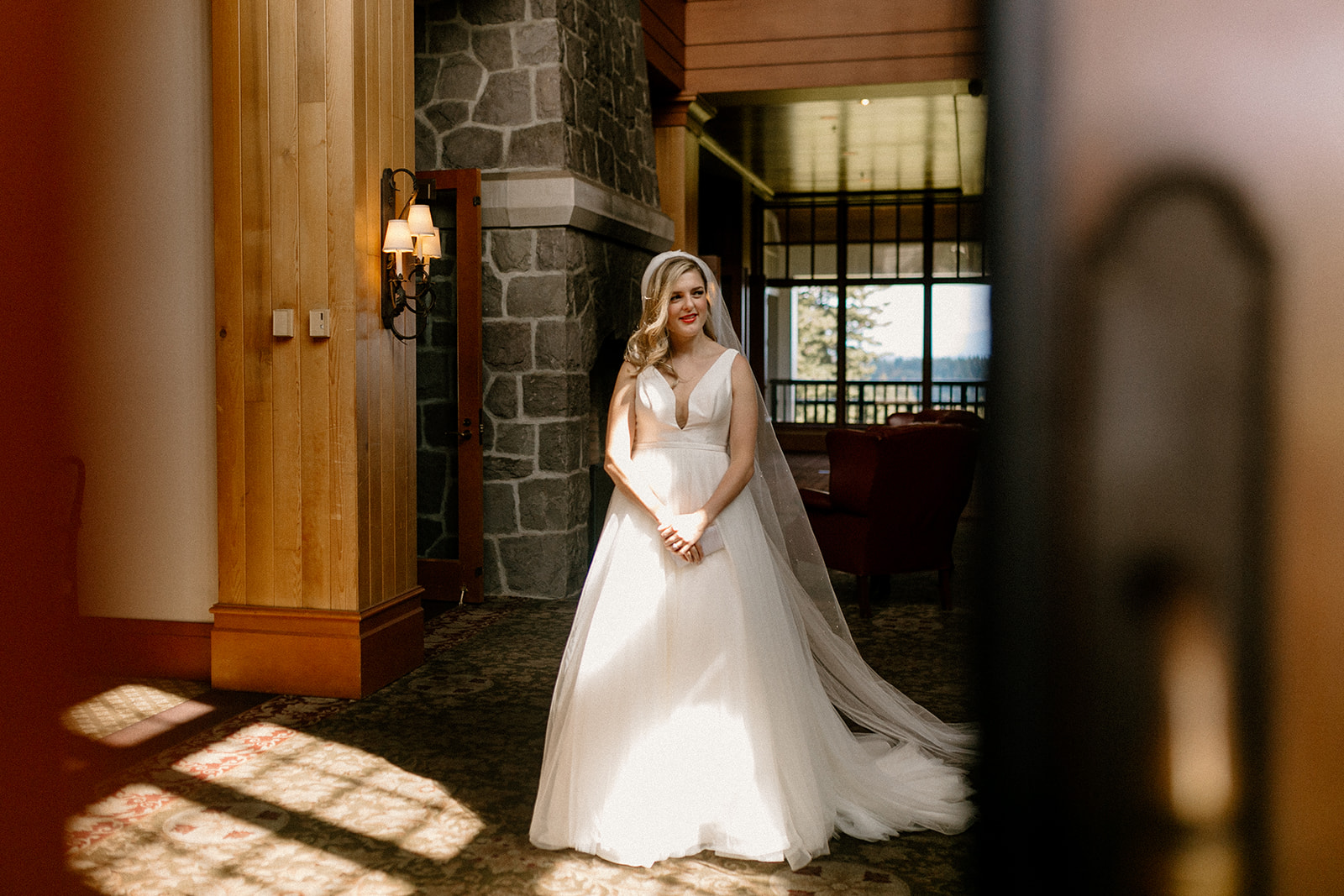 A bride waiting for her first look with her groom at their Oregon Golf Club wedding. 