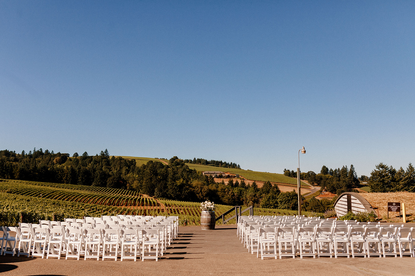 A wedding ceremony set up at Sokol Blosser winery.