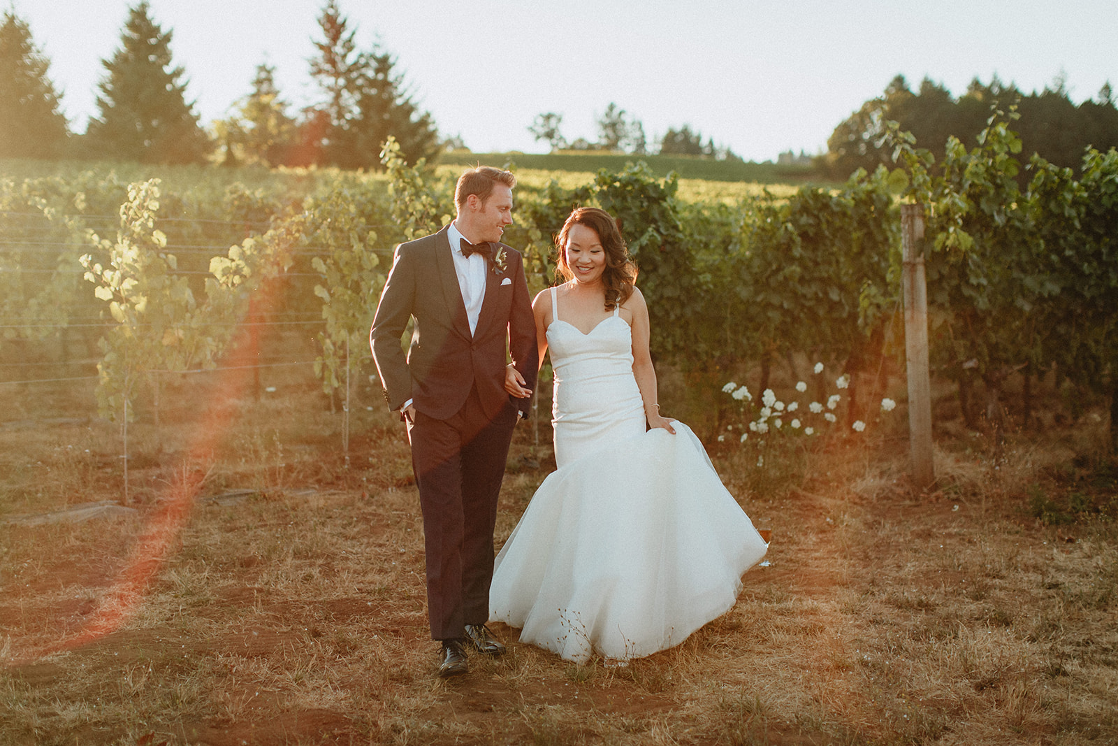 A bride and groom taking sunset photos at the vineyard at their Sokol Blosser winery wedding. 