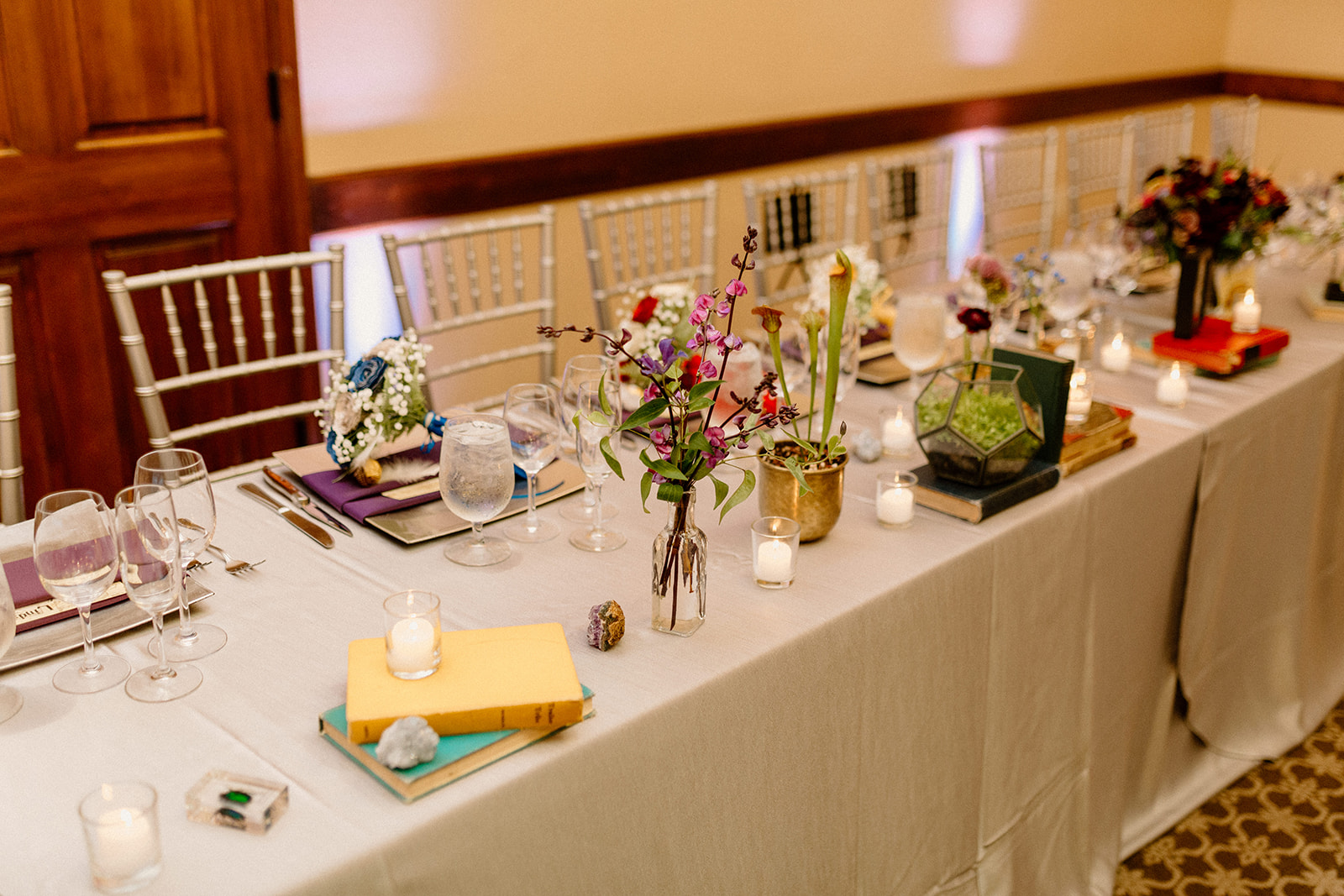Harry Potter themed reception in the Grand Ballroom at a wedding at the Aerie at Eagle Landing. 