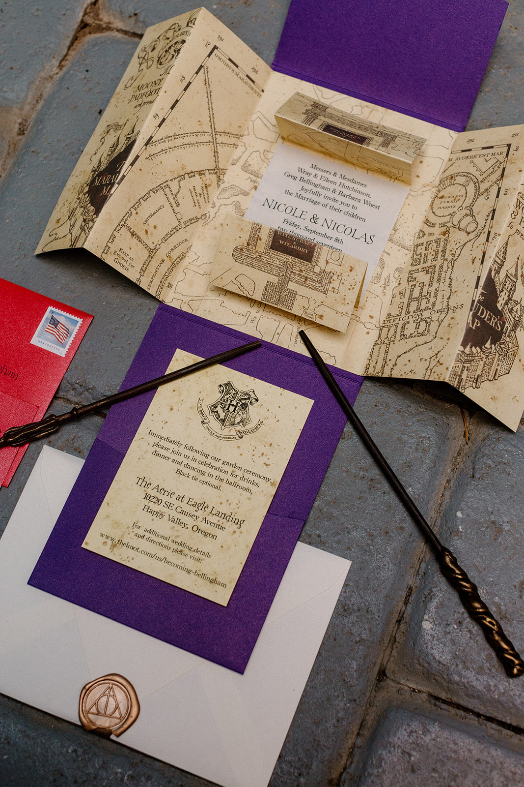 A custom Harry Potter themed invitation at a wedding at the Aerie at Eagle Landing. 