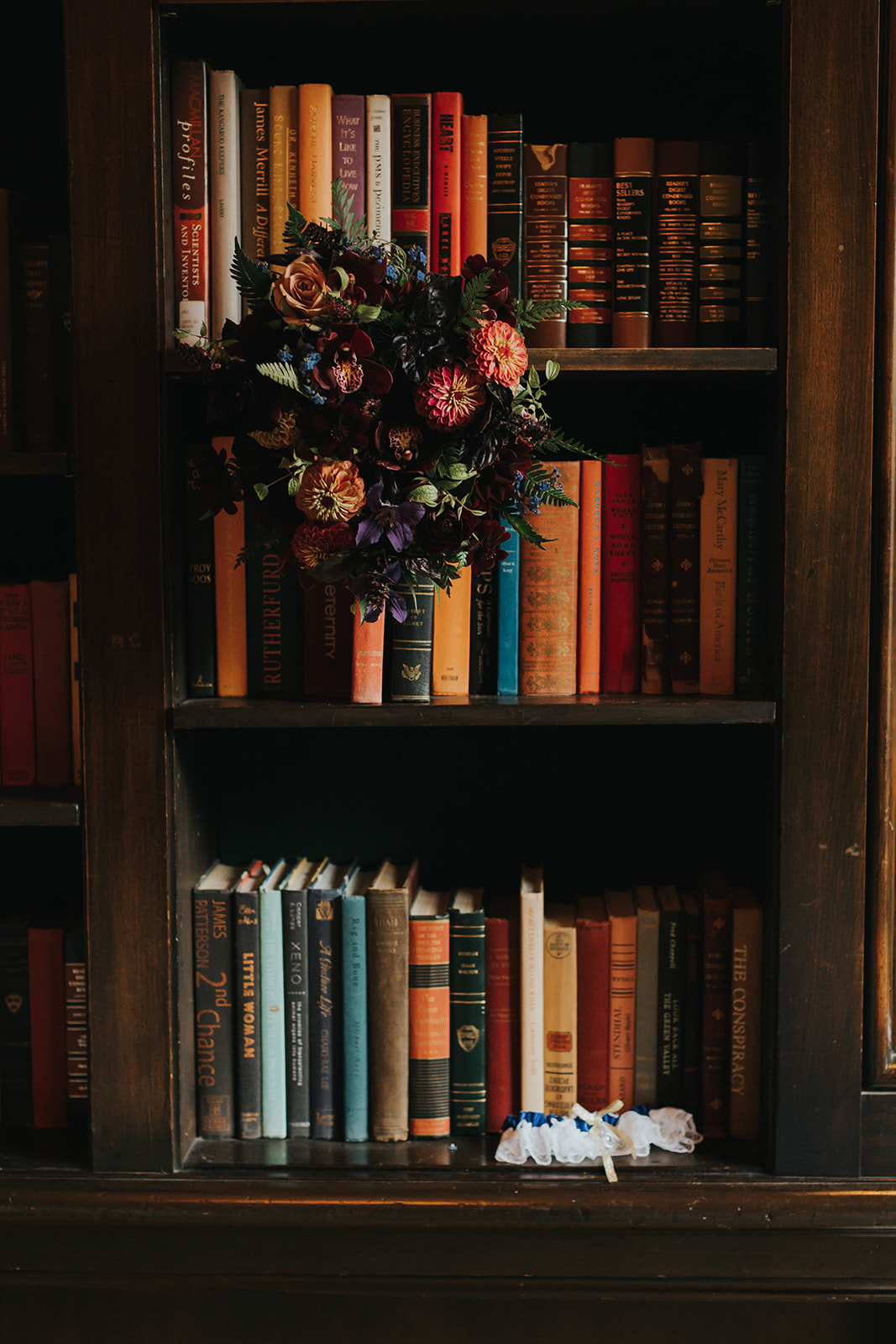 A wedding bridal bouquet displayed in the Library room at the Sentinel Hotel in Portland, OR. 
