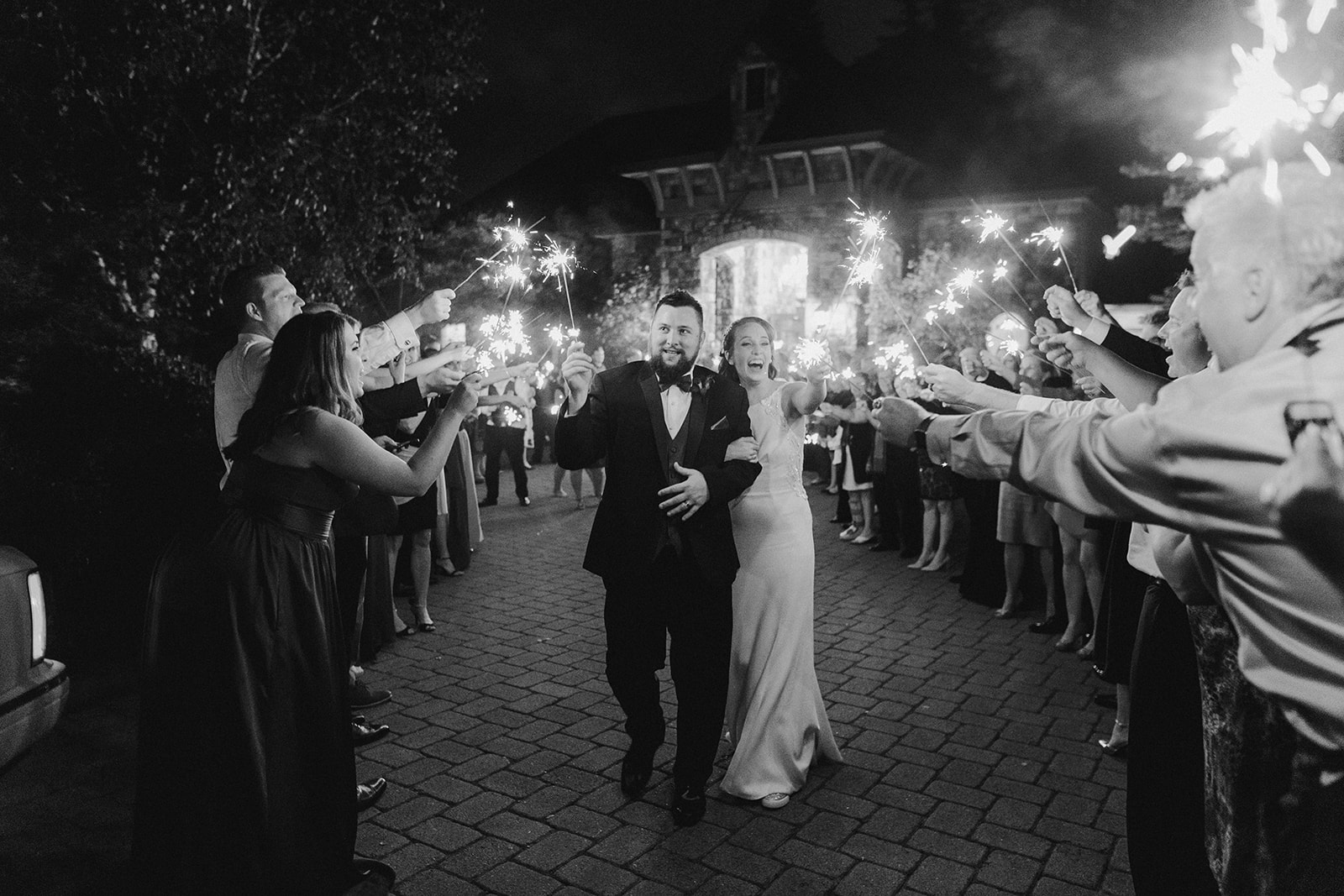 A sparkler send-off exit at a wedding at the Aerie at Eagle Landing. 