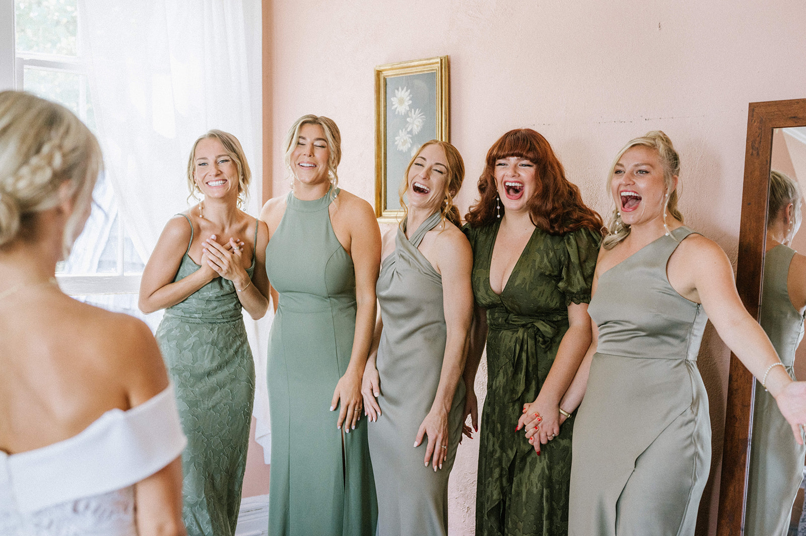 First Look with bridesmaids  summer wedding at The Water Witch Club 