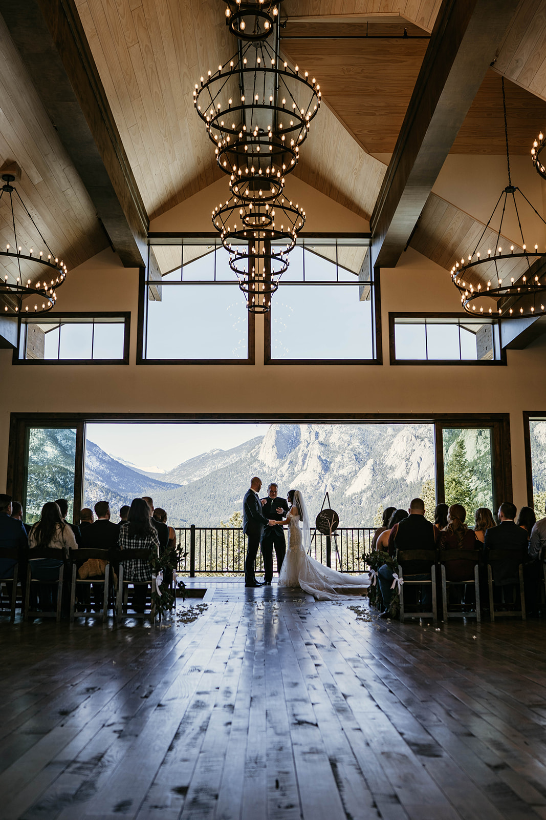 Ceremony at winter mountain wedding at Black Canyon Inn in Estes Park, Colorado
