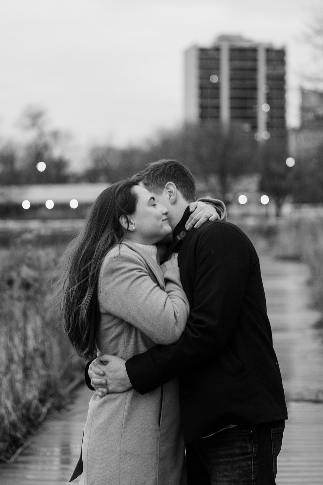 A couple embraces after a Lincoln Park Proposal